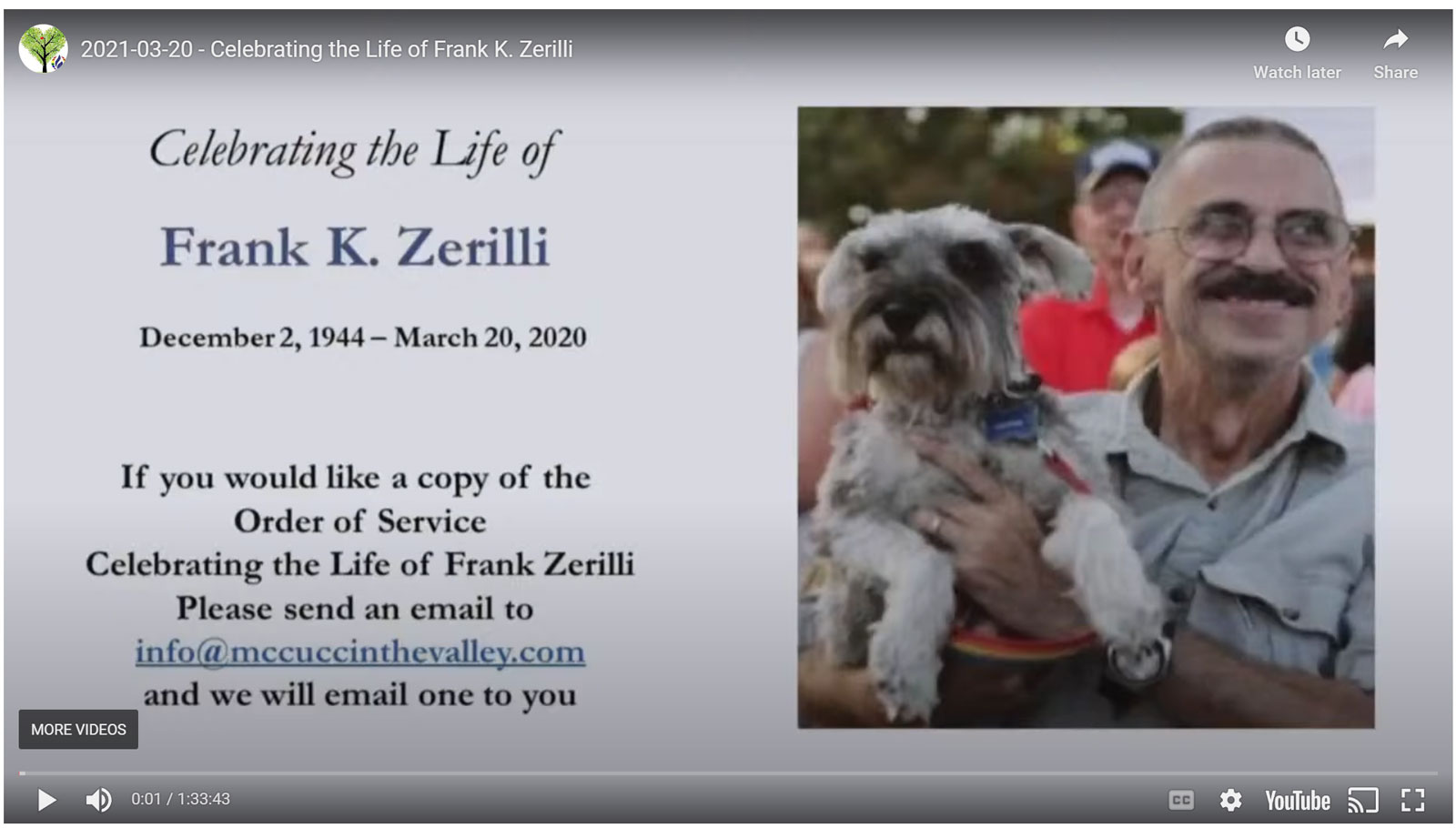 Frank Zerilli Celebration of Life – March 20, 2021